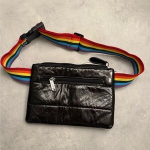 Black Leather Fanny Pack with Rainbow Strap